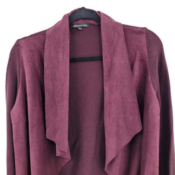 Cardigan M Purple Waterfall Open Front Waffle Knit Faux Vegan Suede Front Boho - Picture 4 of 10